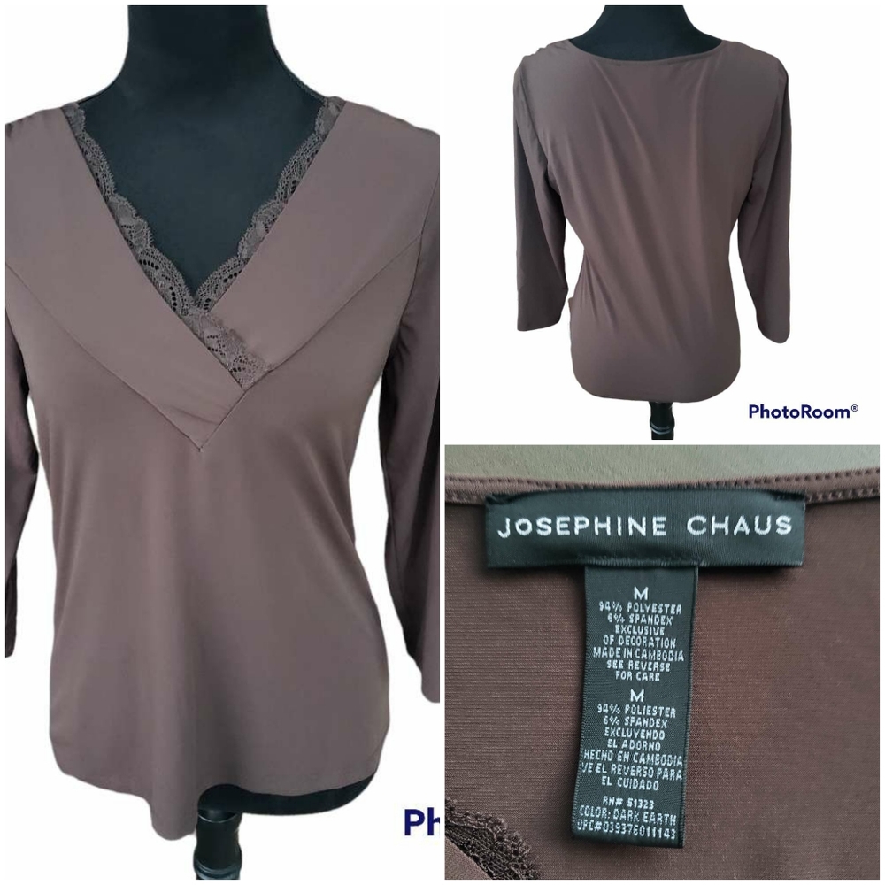 Josephine Chaus Brown Lace-Trim V-Neck Blouse